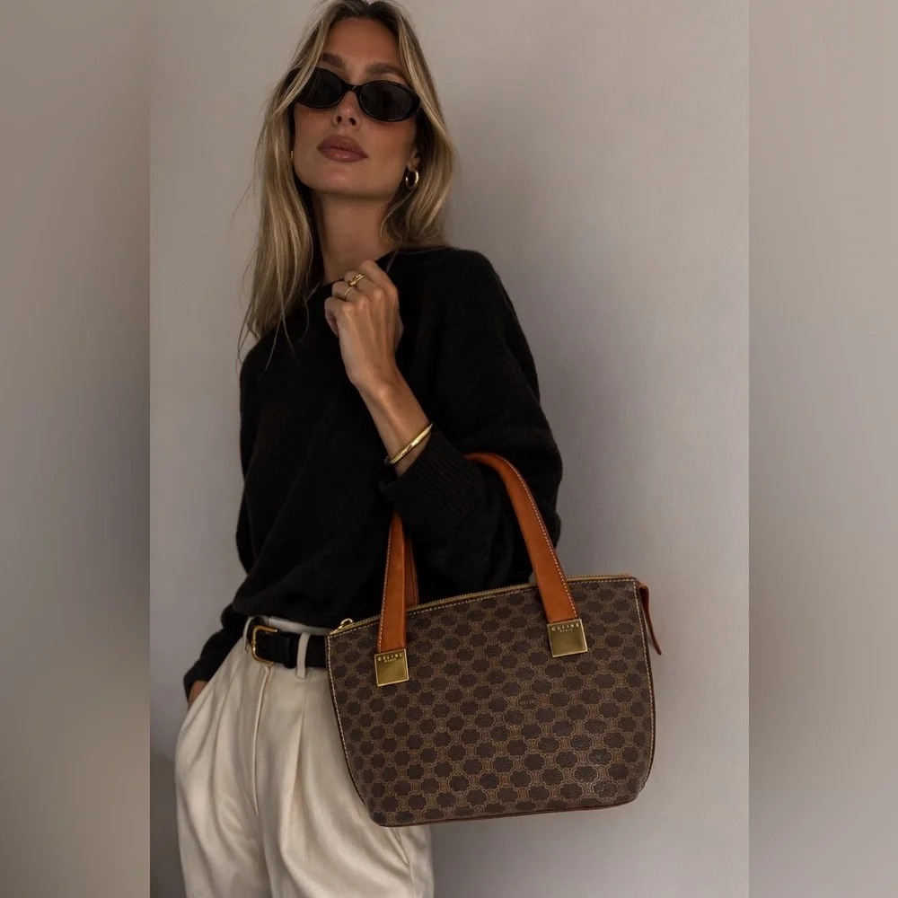 Vintage Céline Macadam Triomphe Monogram Tote Bag Brown Tan Leather 1990s - Picture 2 of 16